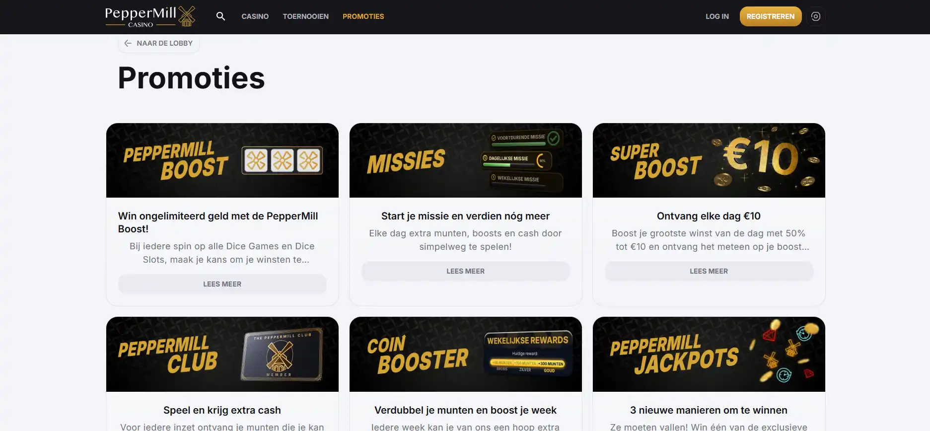 PepperMill promotiepagina met Boosts en andere promoties