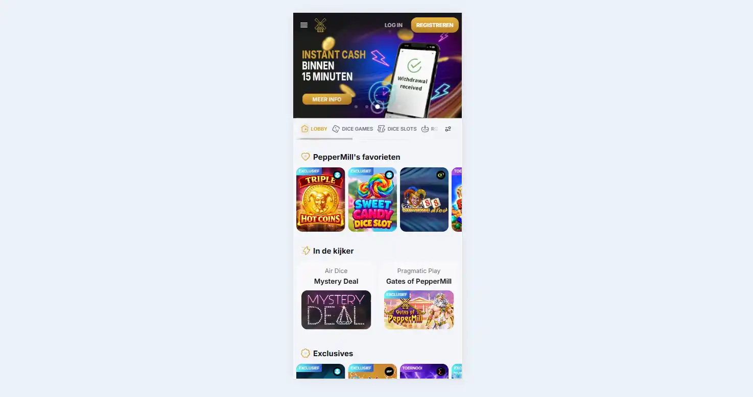 PepperMill website weergegeven in een mobiele browser