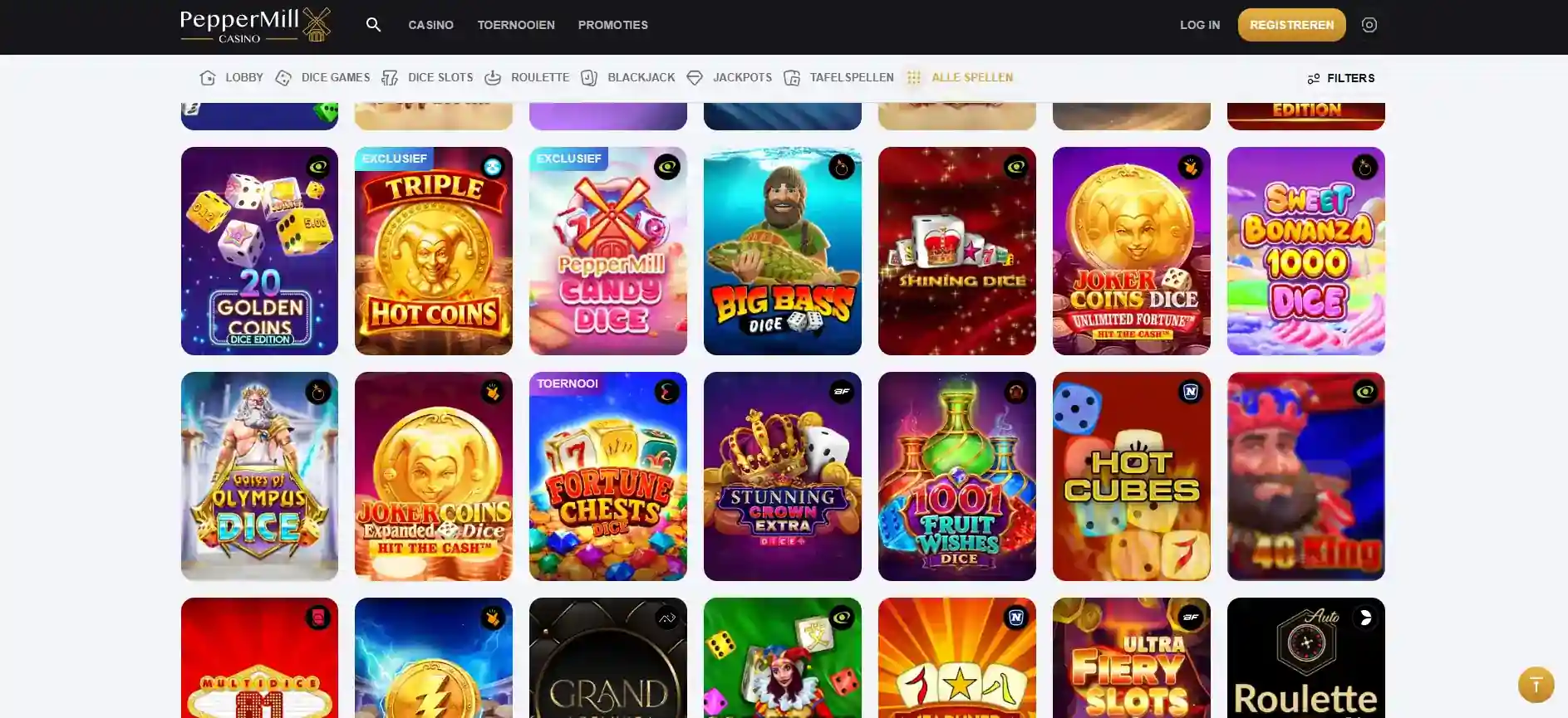 PepperMill game lobby met meerdere spelcategorieën