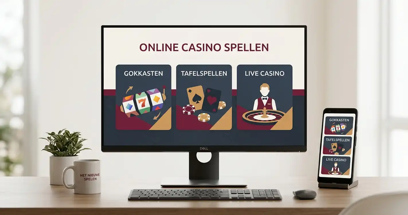 Illustratie van verschillende casinospelcategorieën op desktop en mobiel